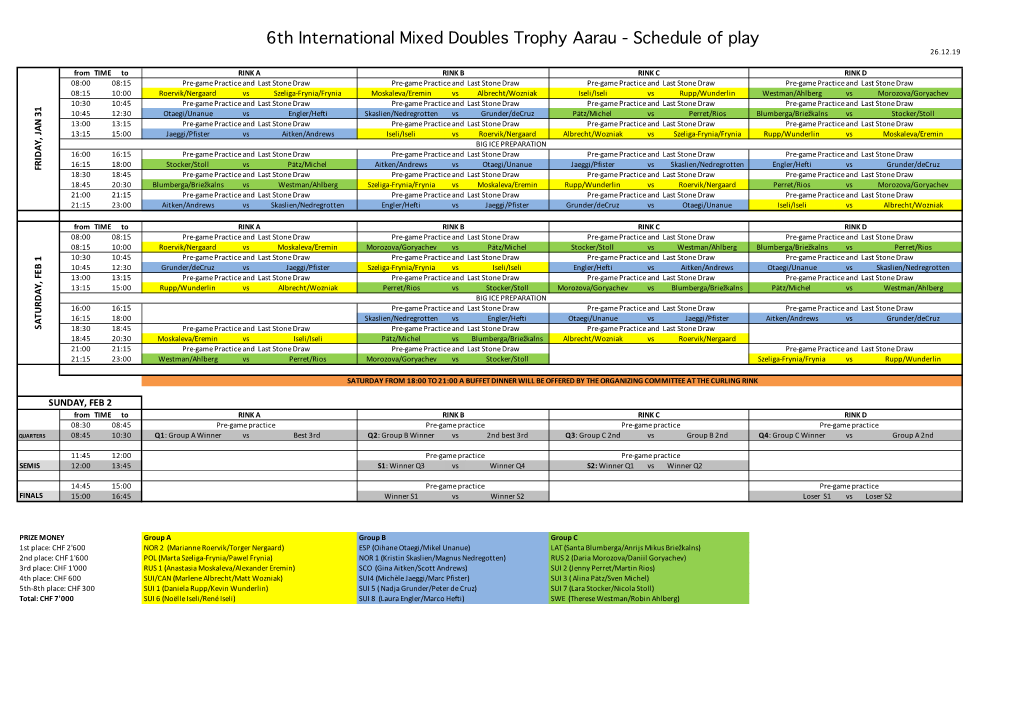 6Th International Mixed Doubles Trophy Aarau - Schedule of Play 26.12.19