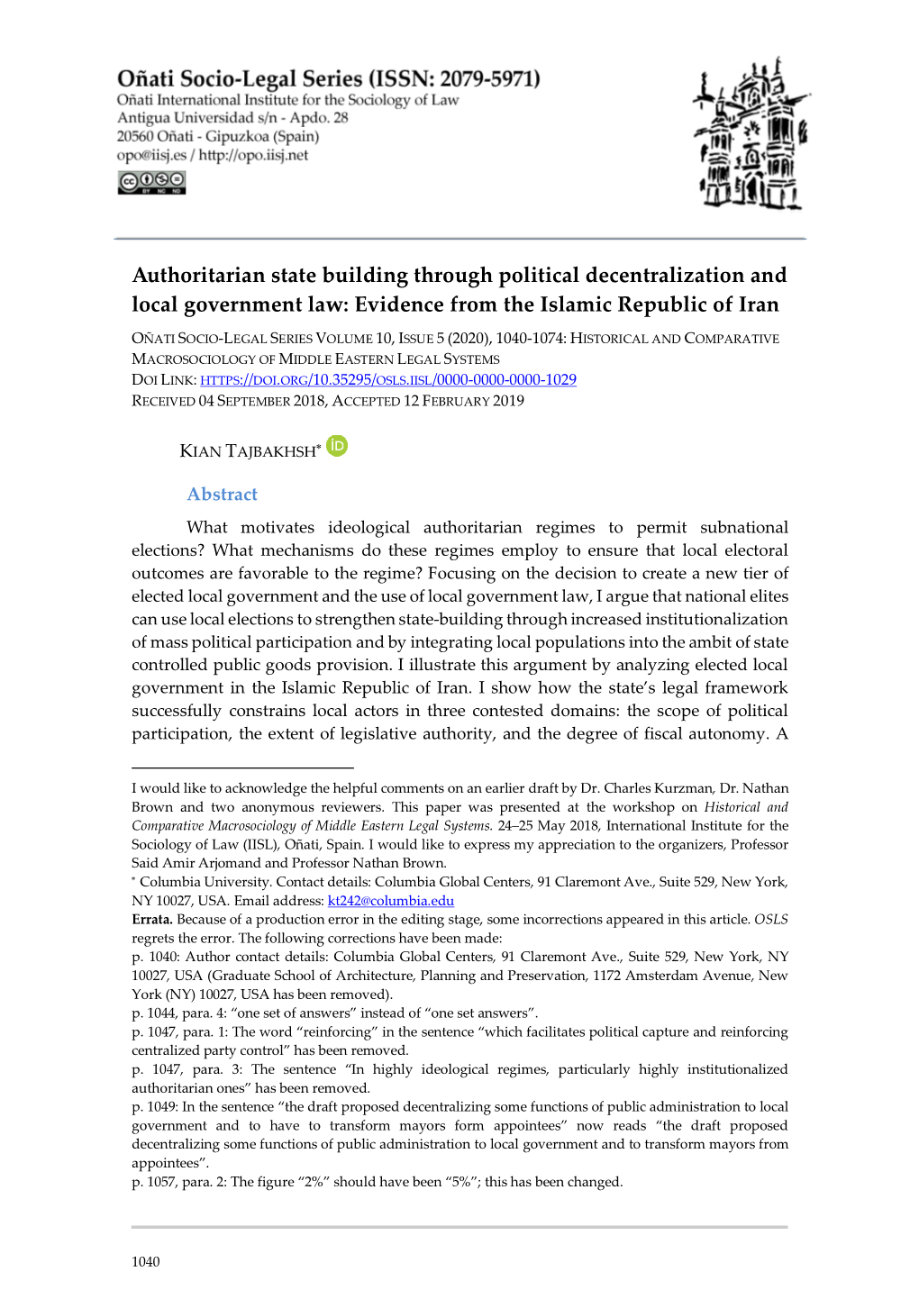 Authoritarian State Building Through Political Decentralization and Local Government Law: Evidence from the Islamic Republic of Iran