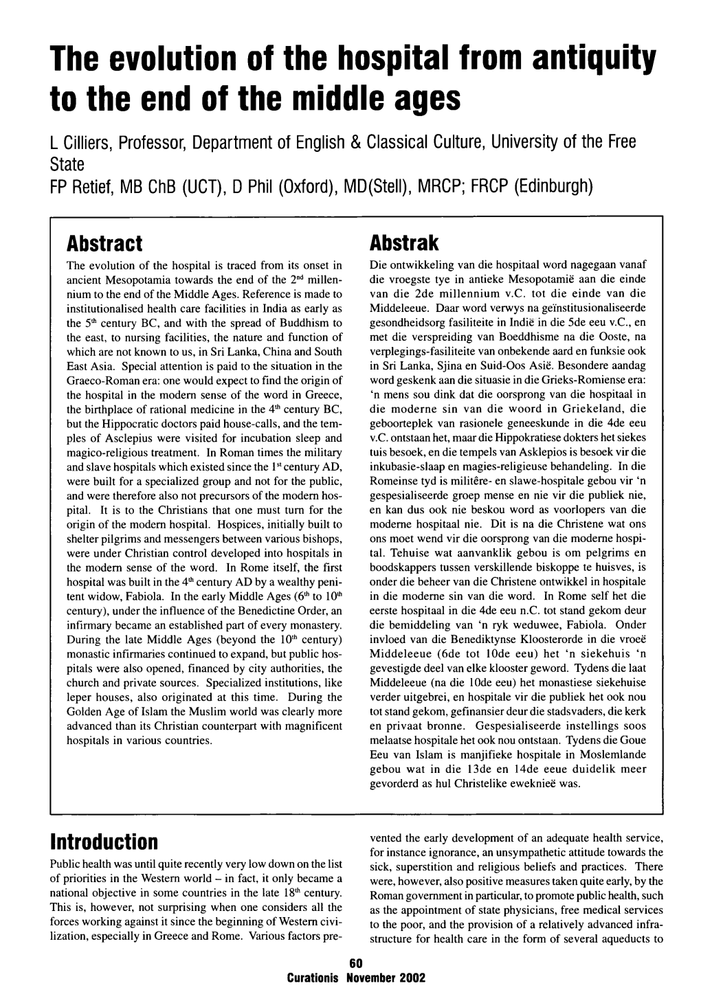 The Evolution of the Hospital from Antiquity to the End of the Middle Ages