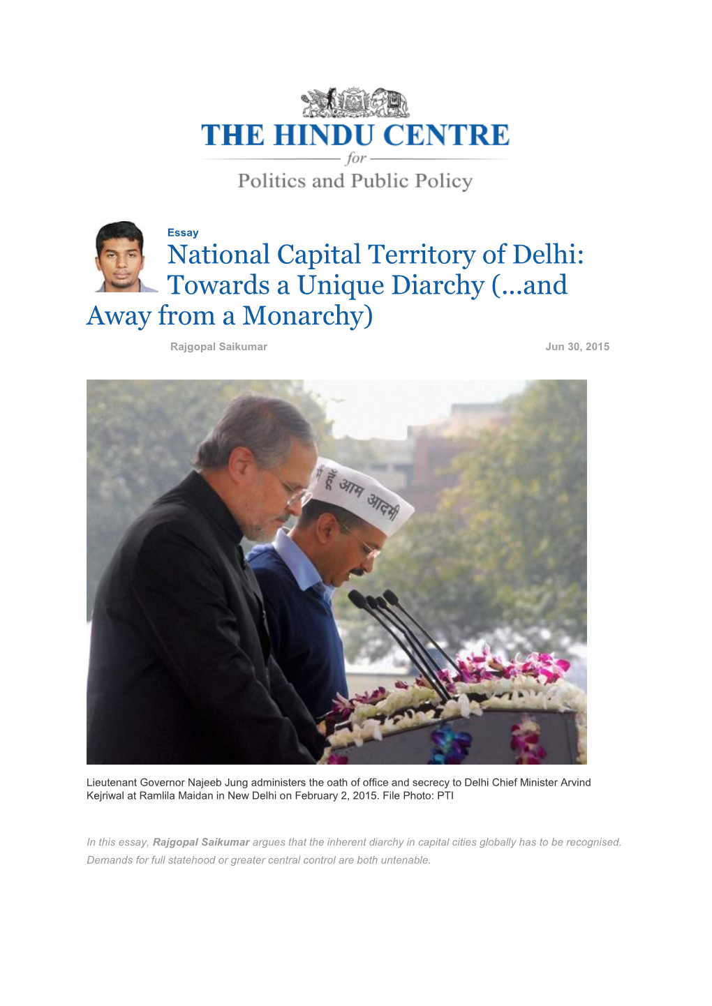 National Capital Territory of Delhi: Towards a Unique Diarchy (...And Away from a Monarchy)