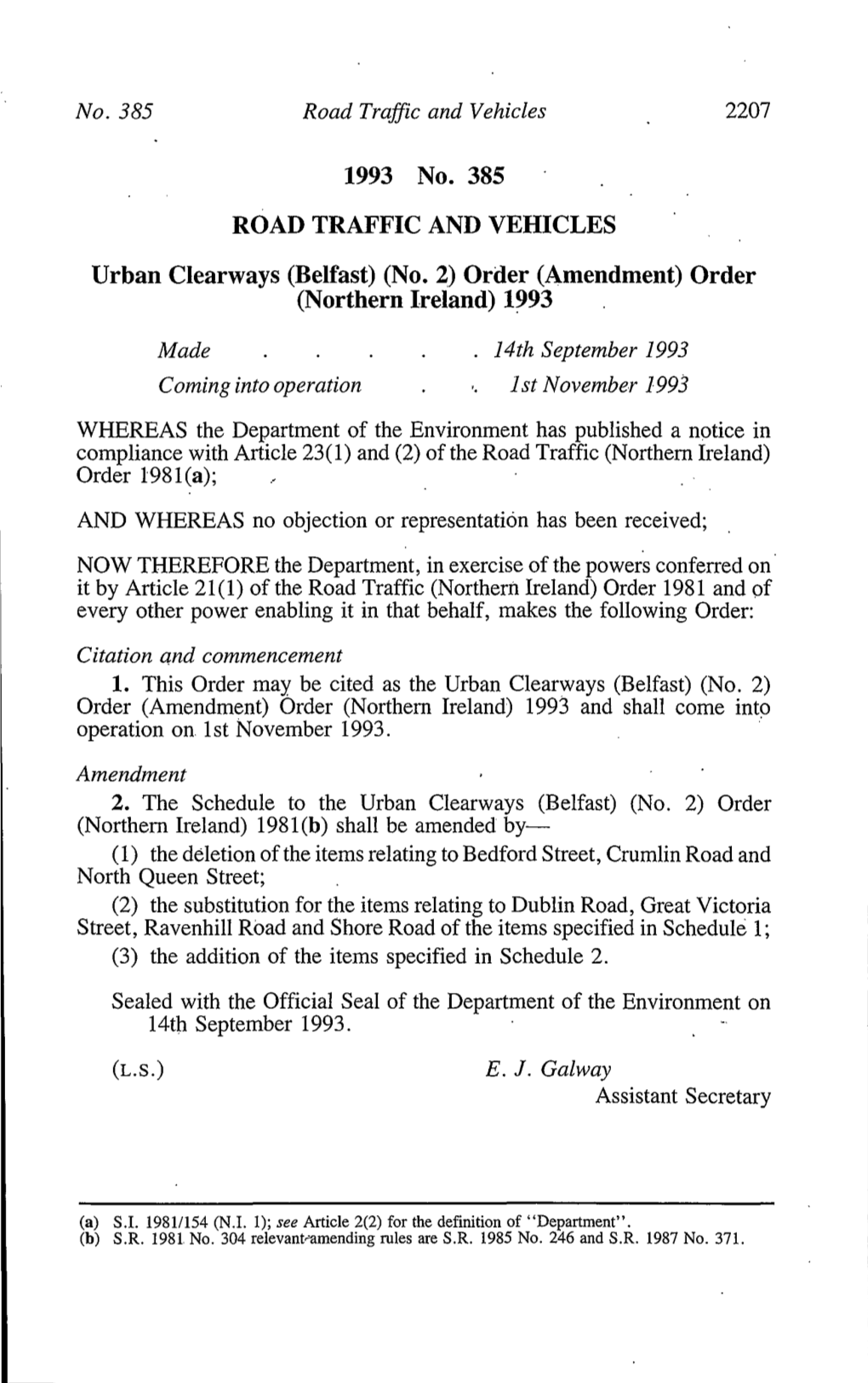 1993 No. 385 ROAD TRAFFIC and VEHICLES Urban Clearways