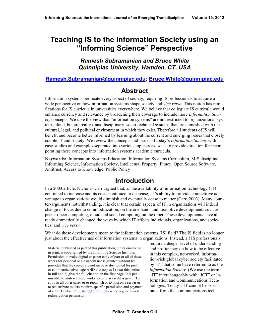 Informing Science: the International Journal of an Emerging Transdiscipline Volume 15, 2012