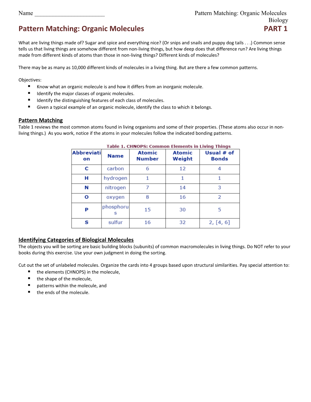 Pattern Matching: Organic Molecules s1