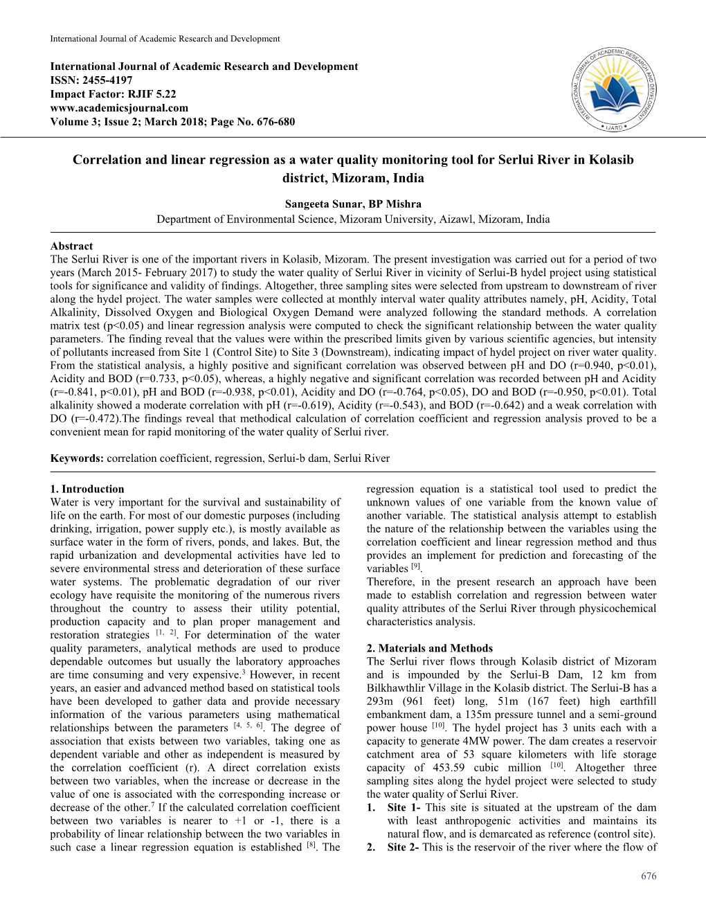 Correlation and Linear Regression As a Water Quality Monitoring Tool for Serlui River in Kolasib District, Mizoram, India