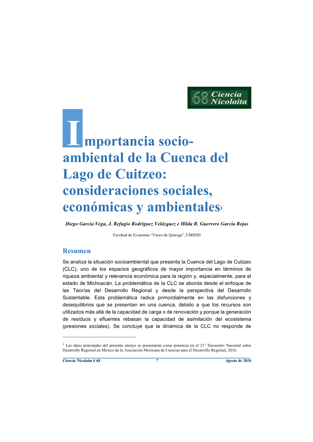 I Mportancia Socio- Ambiental De La Cuenca Del Lago De Cuitzeo: Consideraciones Sociales, Económicas Y Ambientales 1