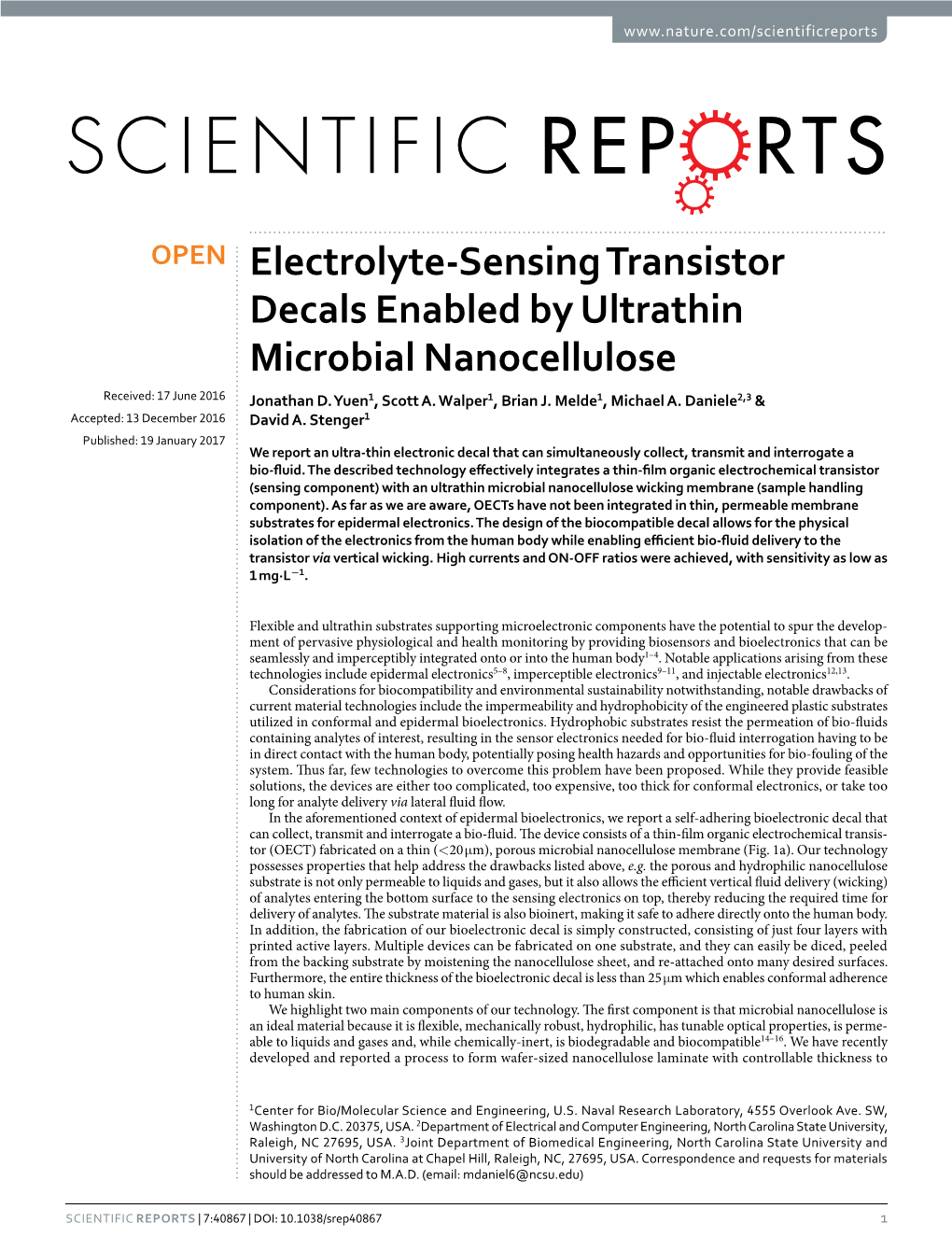 Electrolyte-Sensing Transistor Decals Enabled by Ultrathin Microbial Nanocellulose Received: 17 June 2016 Jonathan D