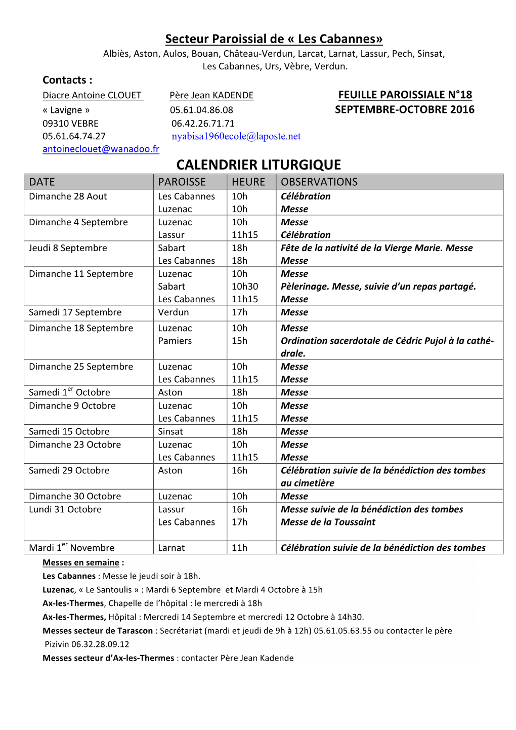 Calendrier Liturgique