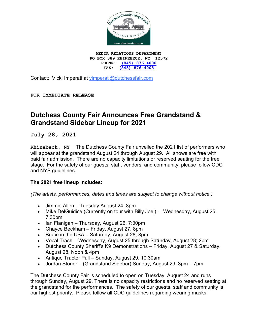 Dutchess County Fair Announces Free Grandstand & Grandstand