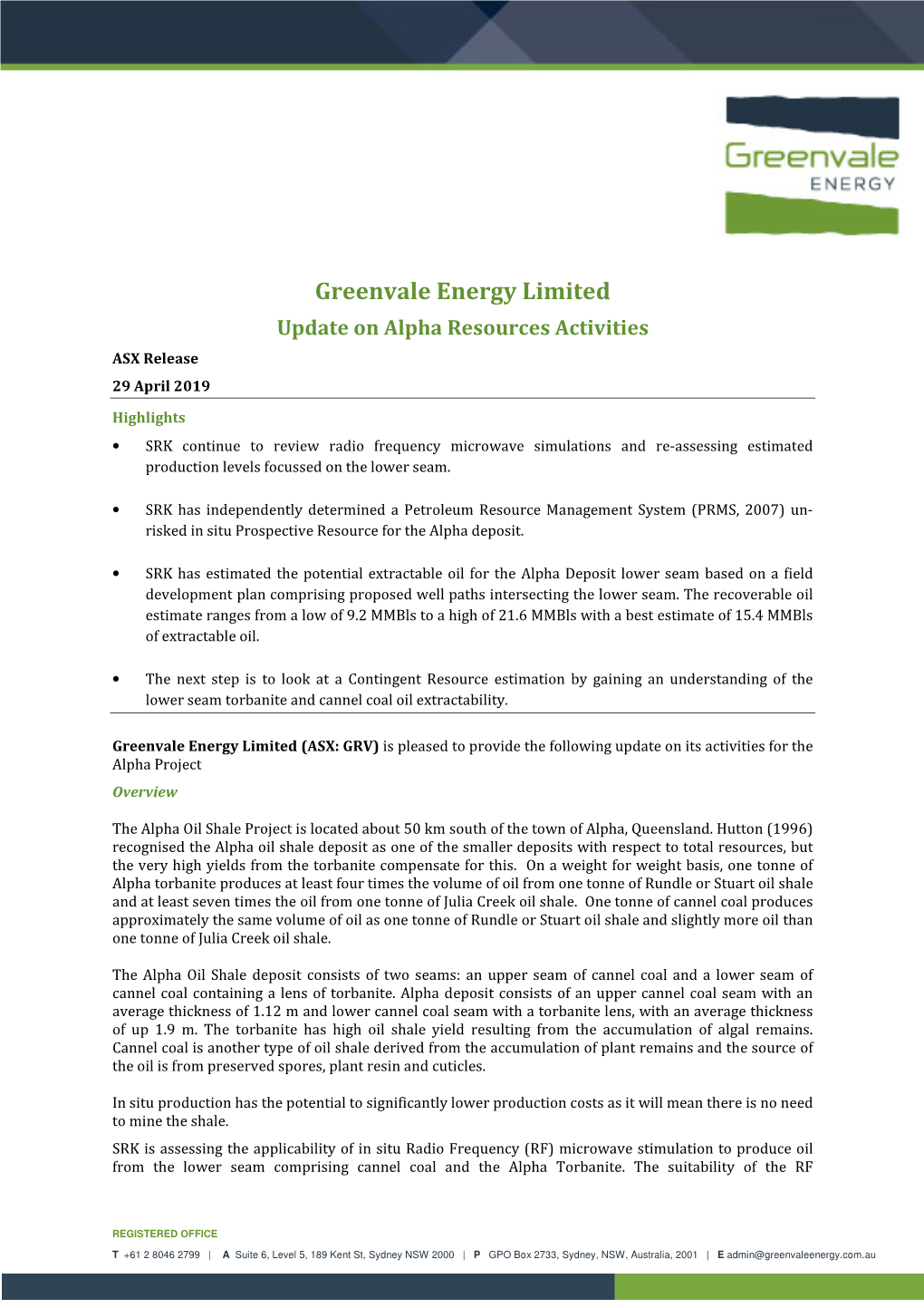 Greenvale Energy Limited Update on Alpha Resources Activities ASX Release 29 April 2019