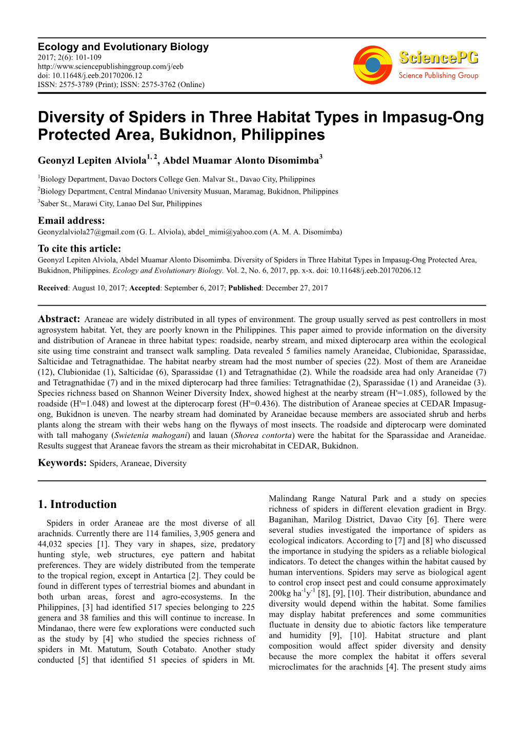 Diversity of Spiders in Three Habitat Types in Impasug-Ong Protected Area, Bukidnon, Philippines