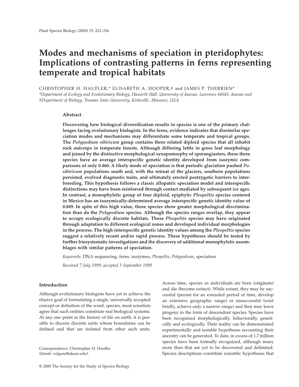 Modes and Mechanisms of Speciation in Pteridophytes: Implications of Contrasting Patterns in Ferns Representing Temperate and Tropical Habitats