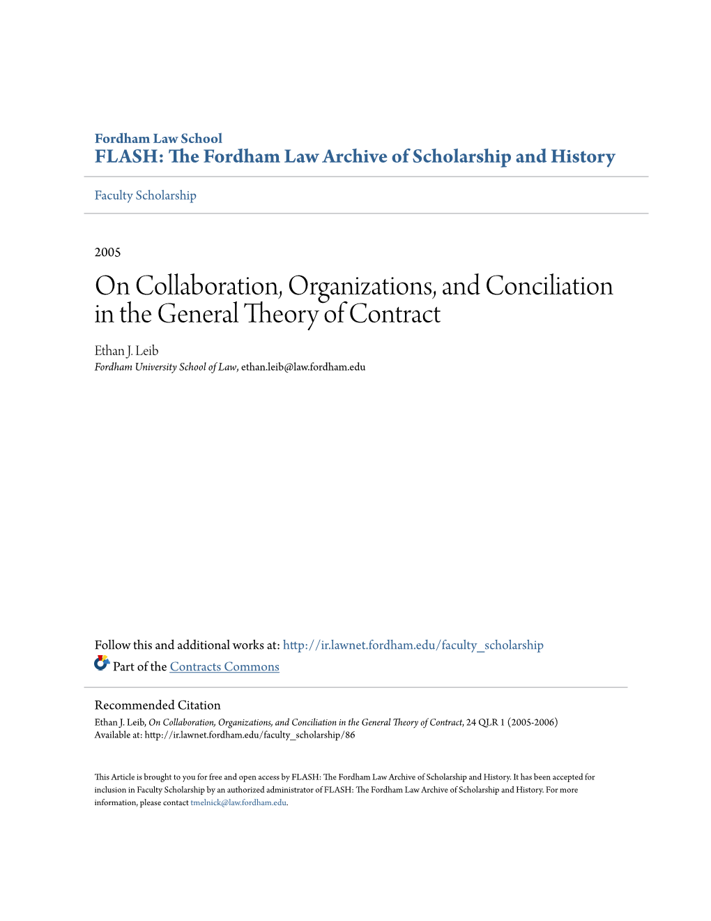 On Collaboration, Organizations, and Conciliation in the General Theory of Contract Ethan J