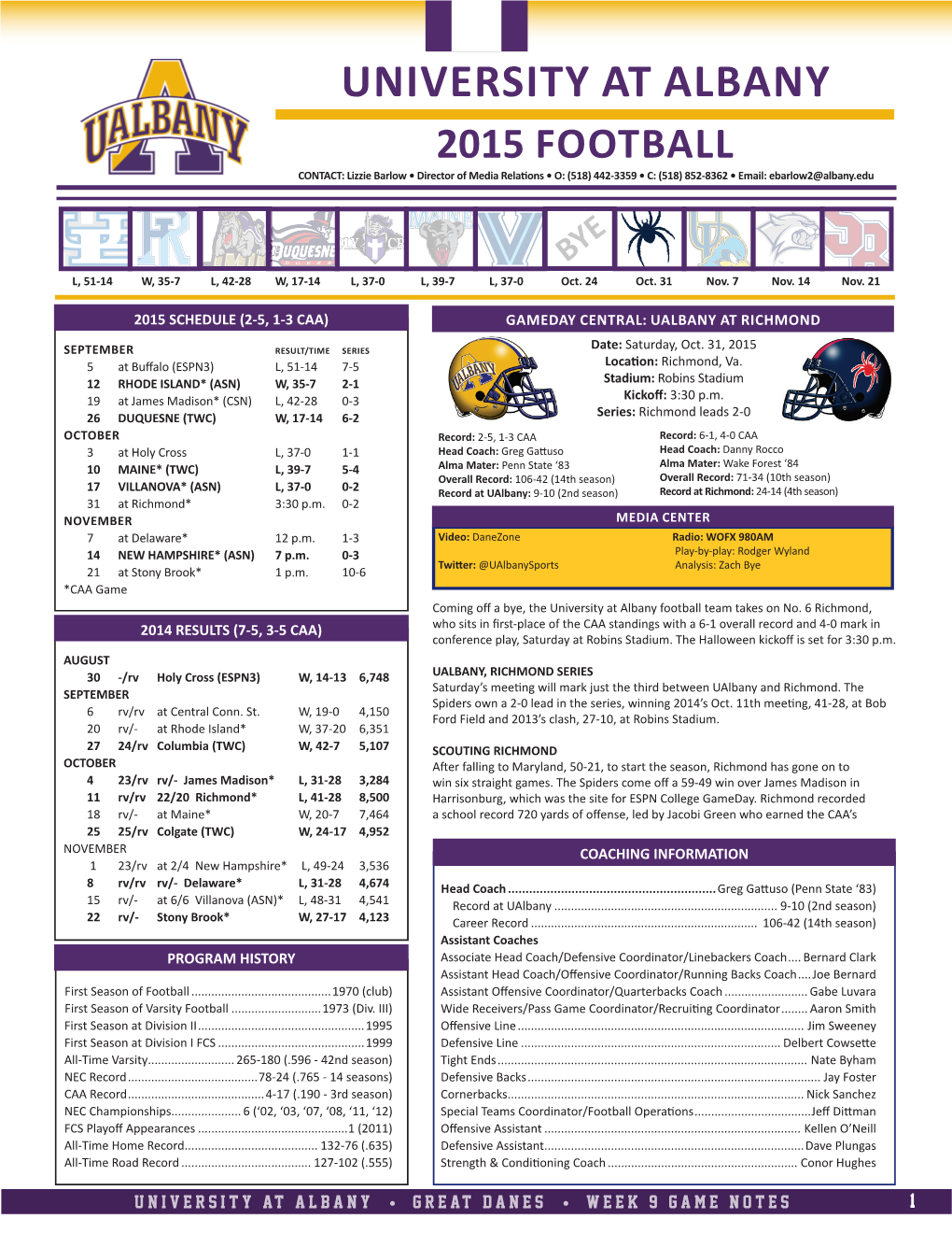 UNIVERSITY at ALBANY 2015 FOOTBALL CONTACT: Lizzie Barlow • Director of Media Relations • O: (518) 442-3359 • C: (518) 852-8362 • Email: Ebarlow2@Albany.Edu