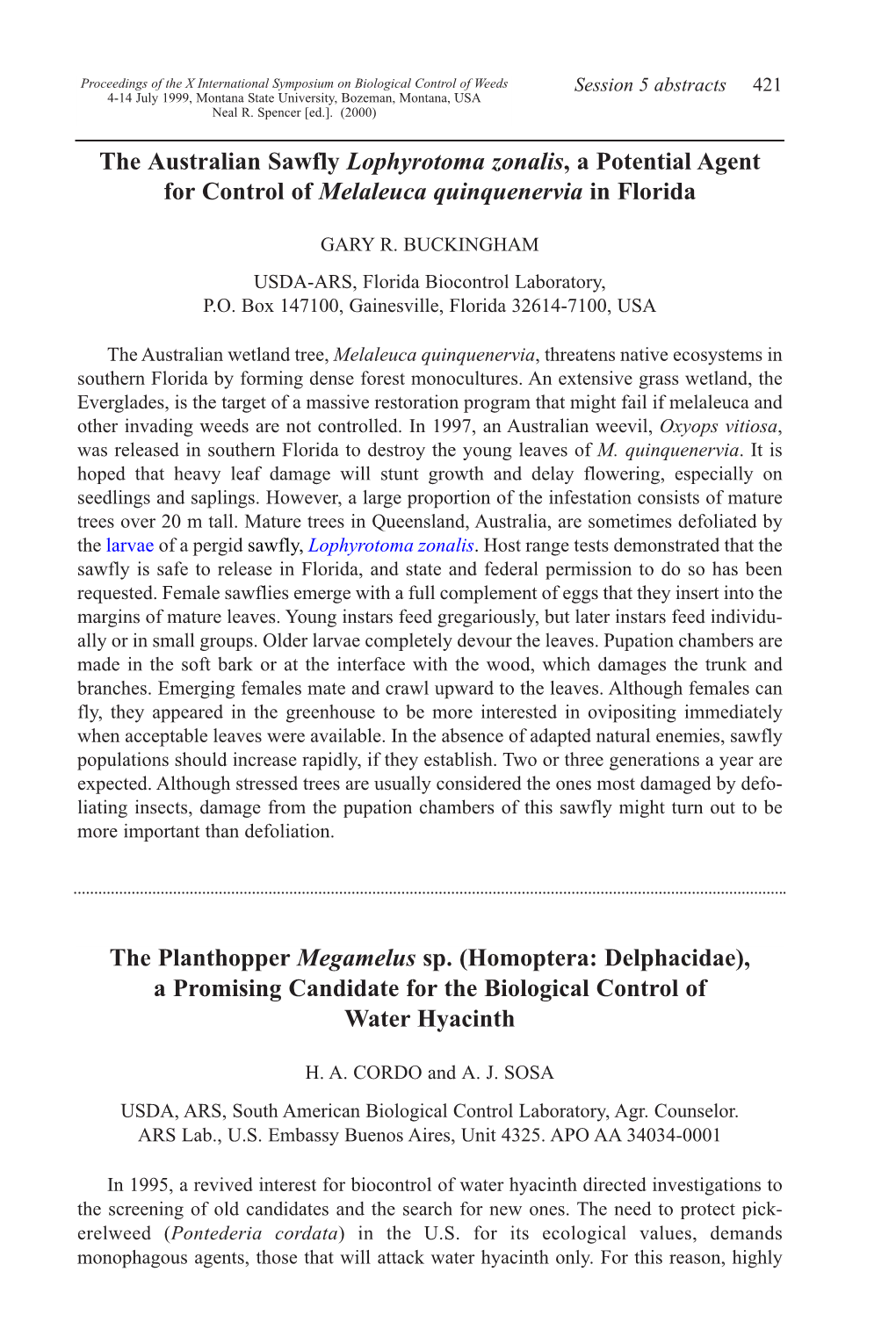 Session 5 Abstracts: Weeds of Aquatic Systems And