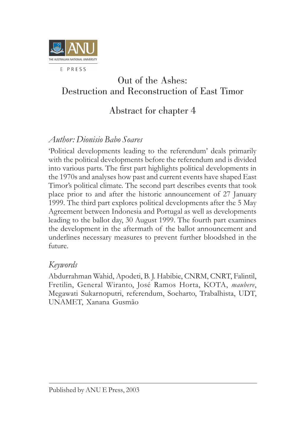 Destruction and Reconstruction of East Timor Abstract for Chapter 4