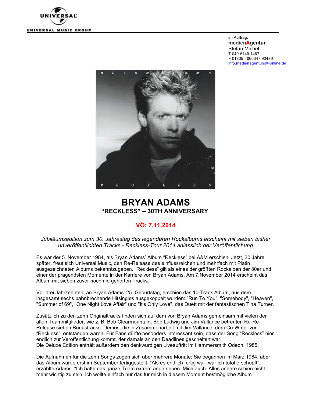 Bryan Adams “Reckless” – 30Th Anniversary