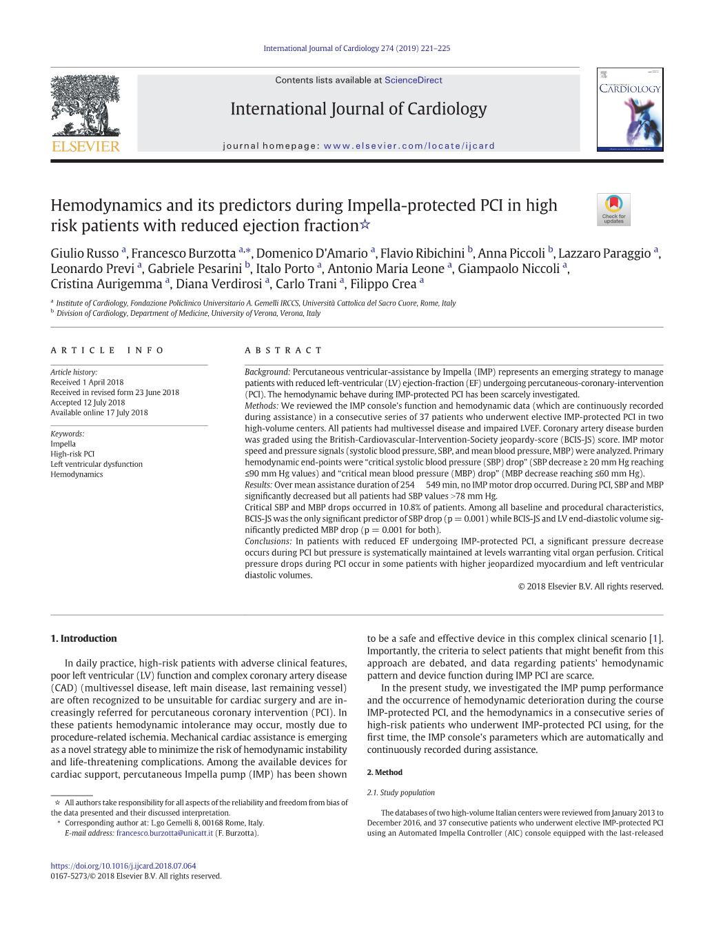 Hemodynamics and Its Predictors During Impella-Protected PCI in High Risk Patients with Reduced Ejection Fraction☆