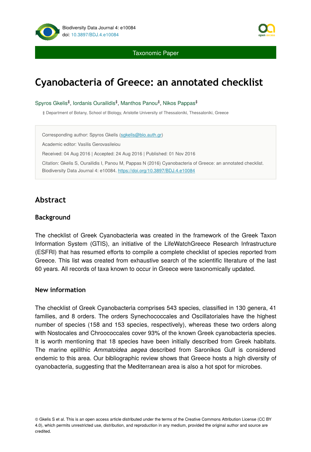 Cyanobacteria of Greece: an Annotated Checklist