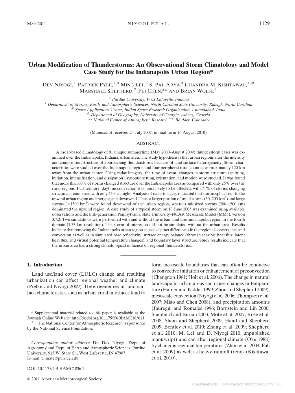 An Observational Storm Climatology and Model Case Study for the Indianapolis Urban Region*