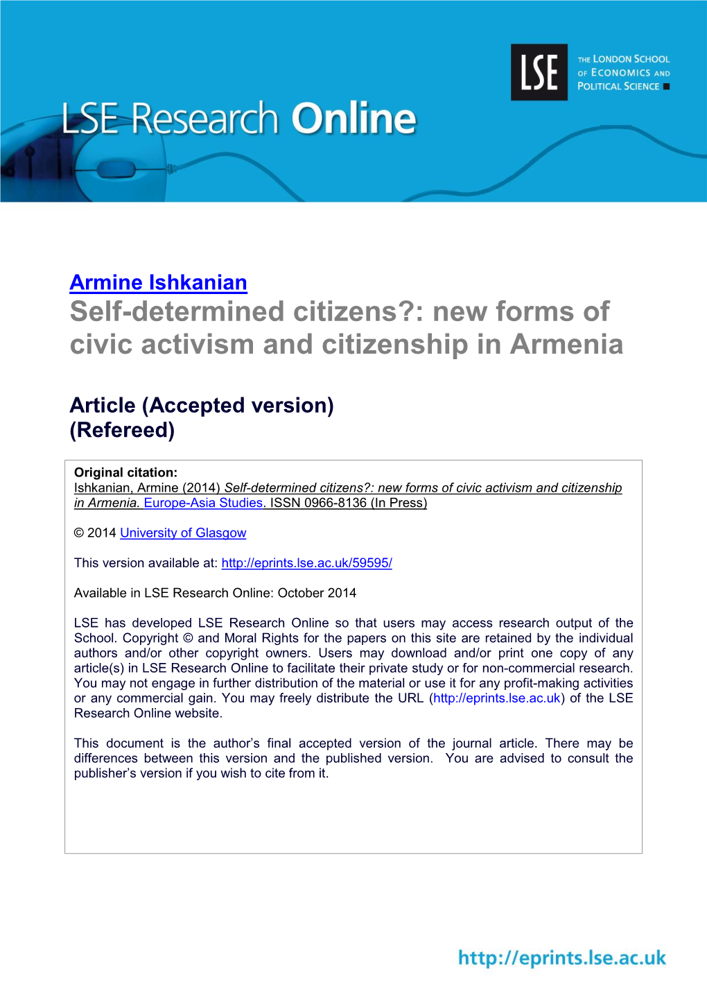 Self-Determined Citizens?: New Forms of Civic Activism and Citizenship in Armenia