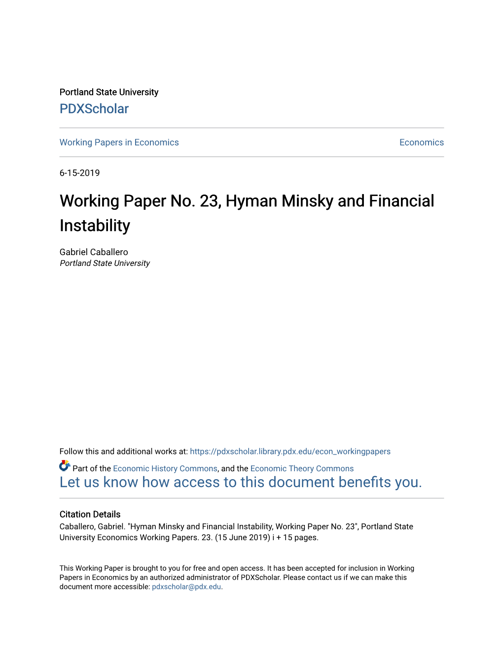 Working Paper No. 23, Hyman Minsky and Financial Instability