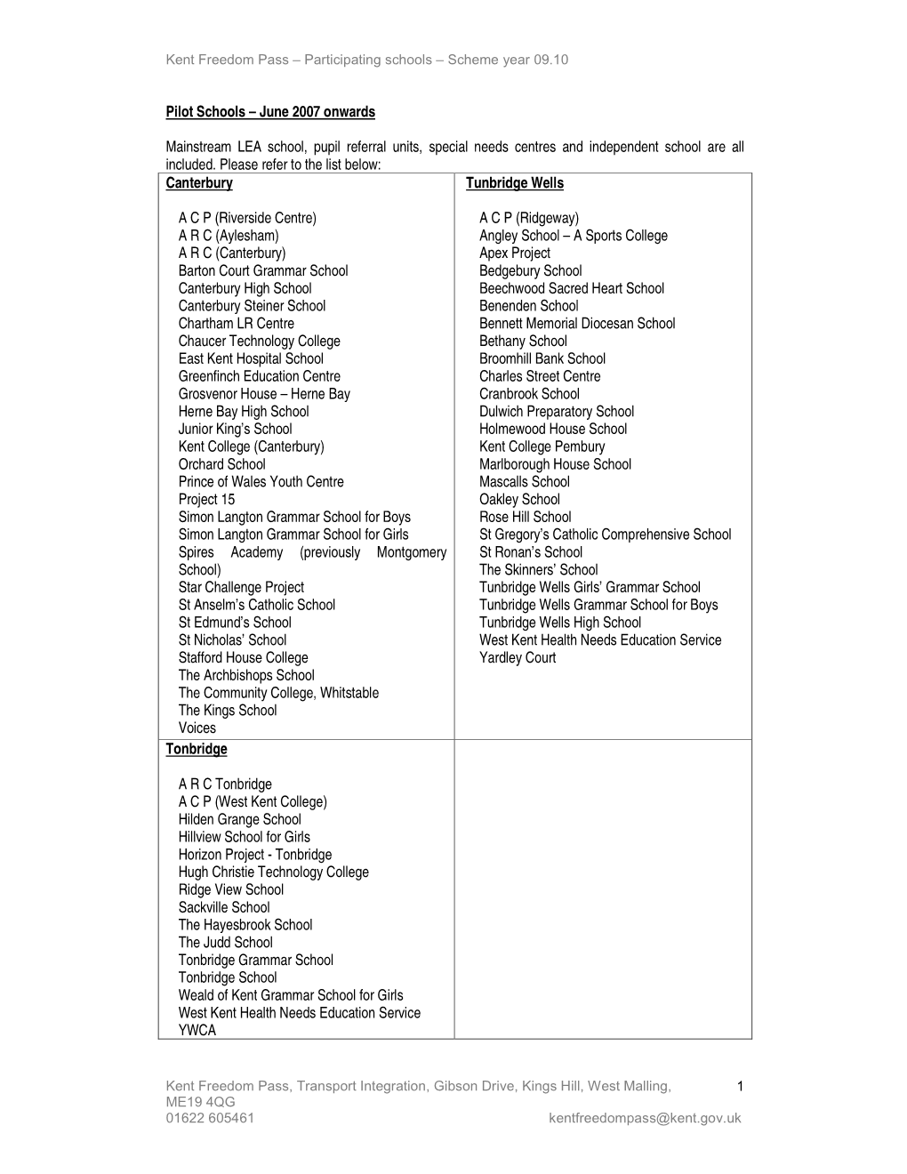 Pilot Schools – June 2007 Onwards Mainstream LEA School, Pupil Referral Units, Special Needs Centres and Independent School Ar