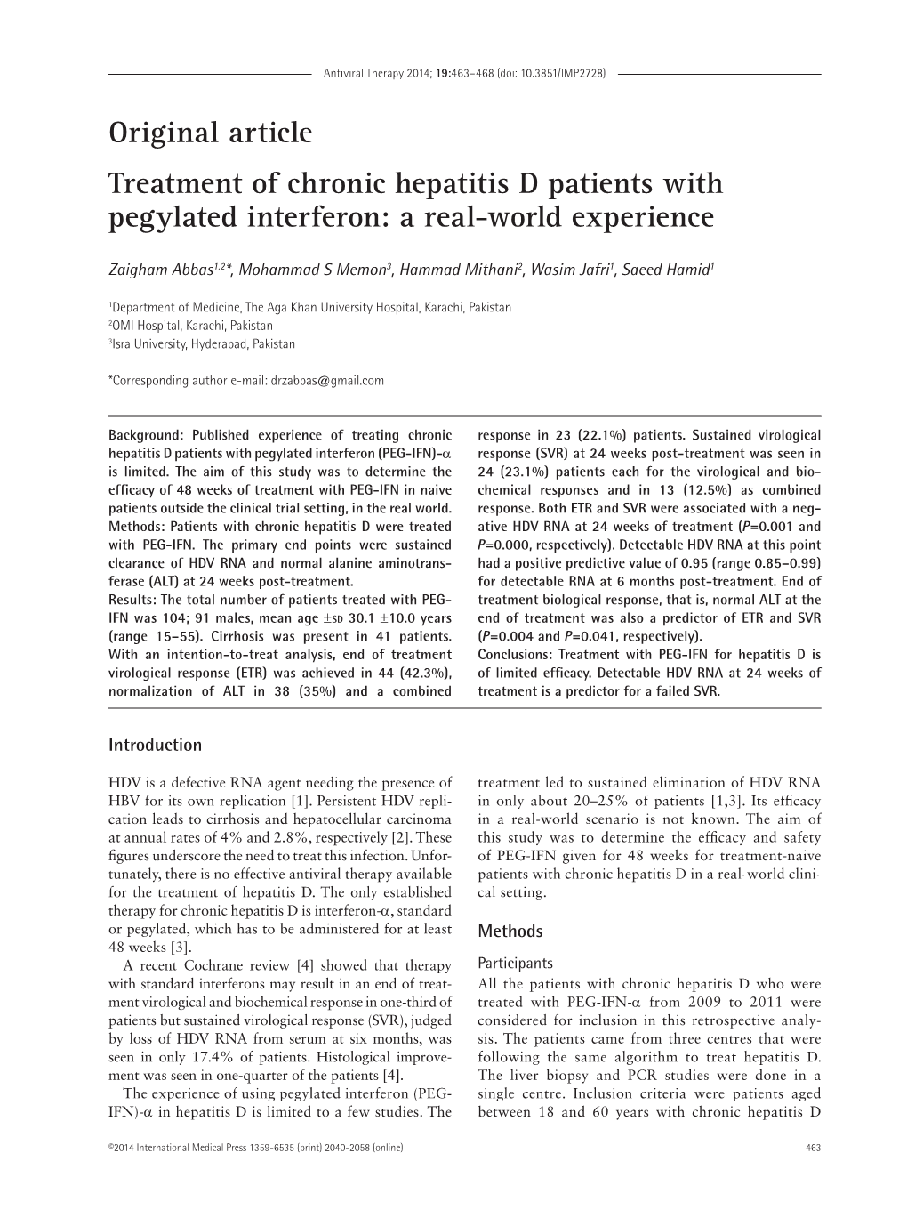 Original Article Treatment of Chronic Hepatitis D Patients with Pegylated Interferon: a Real-World Experience