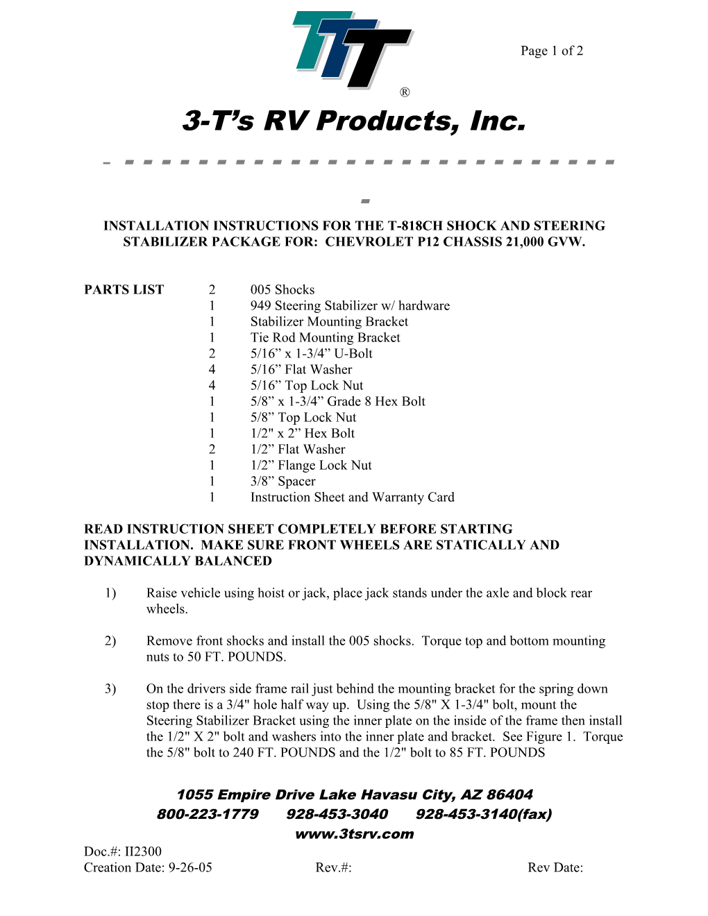 Installation Instructions for the T-818Ch Shock and Steering Stabilizer Package For: Chevrolet