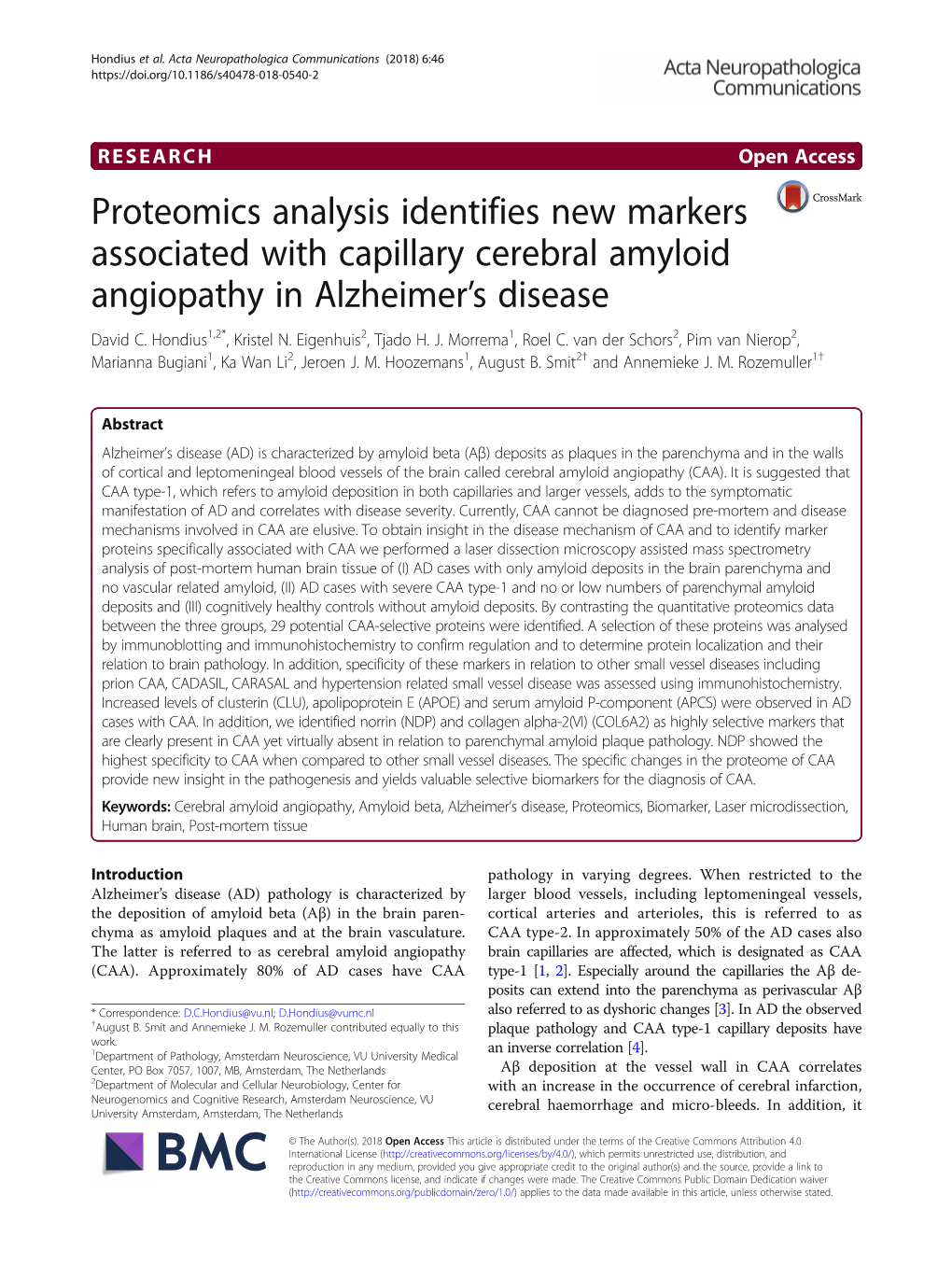 Proteomics Analysis Identifies New Markers Associated with Capillary Cerebral Amyloid Angiopathy in Alzheimer’S Disease David C