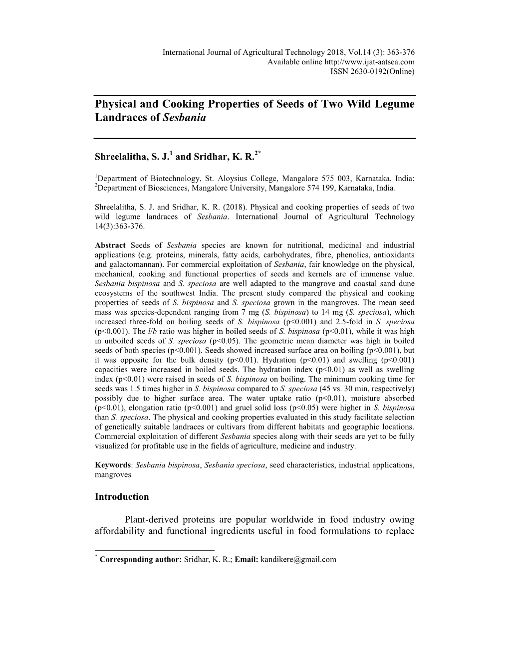 Physical and Cooking Properties of Seeds of Two Wild Legume Landraces of Sesbania