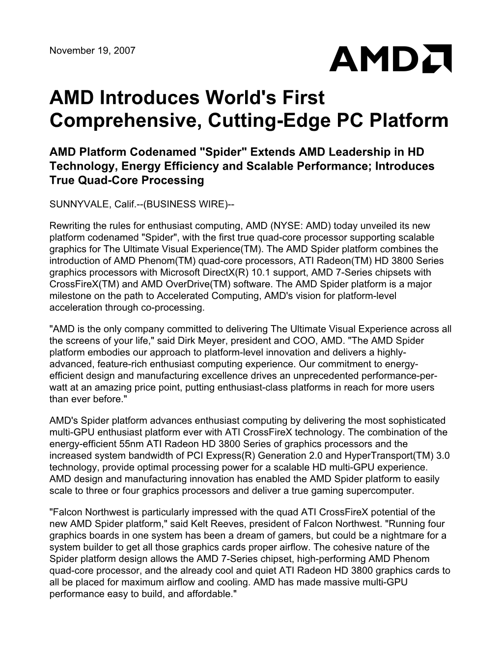 AMD Introduces World's First Comprehensive, Cutting-Edge PC Platform