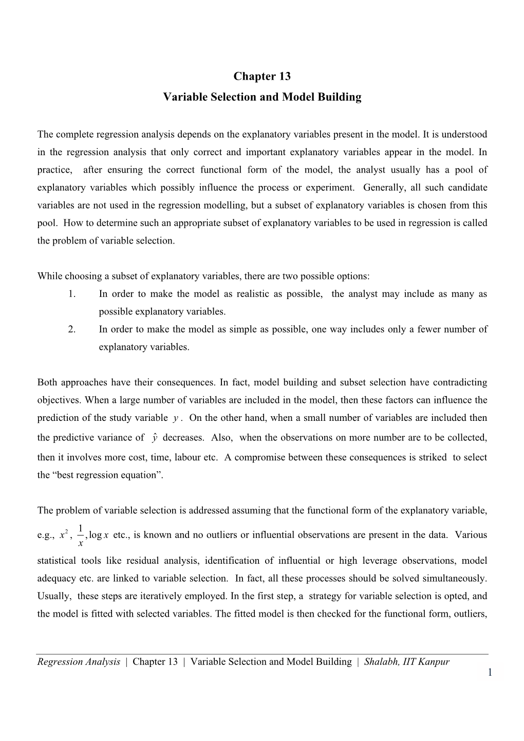 Chapter 13 Variable Selection and Model Building