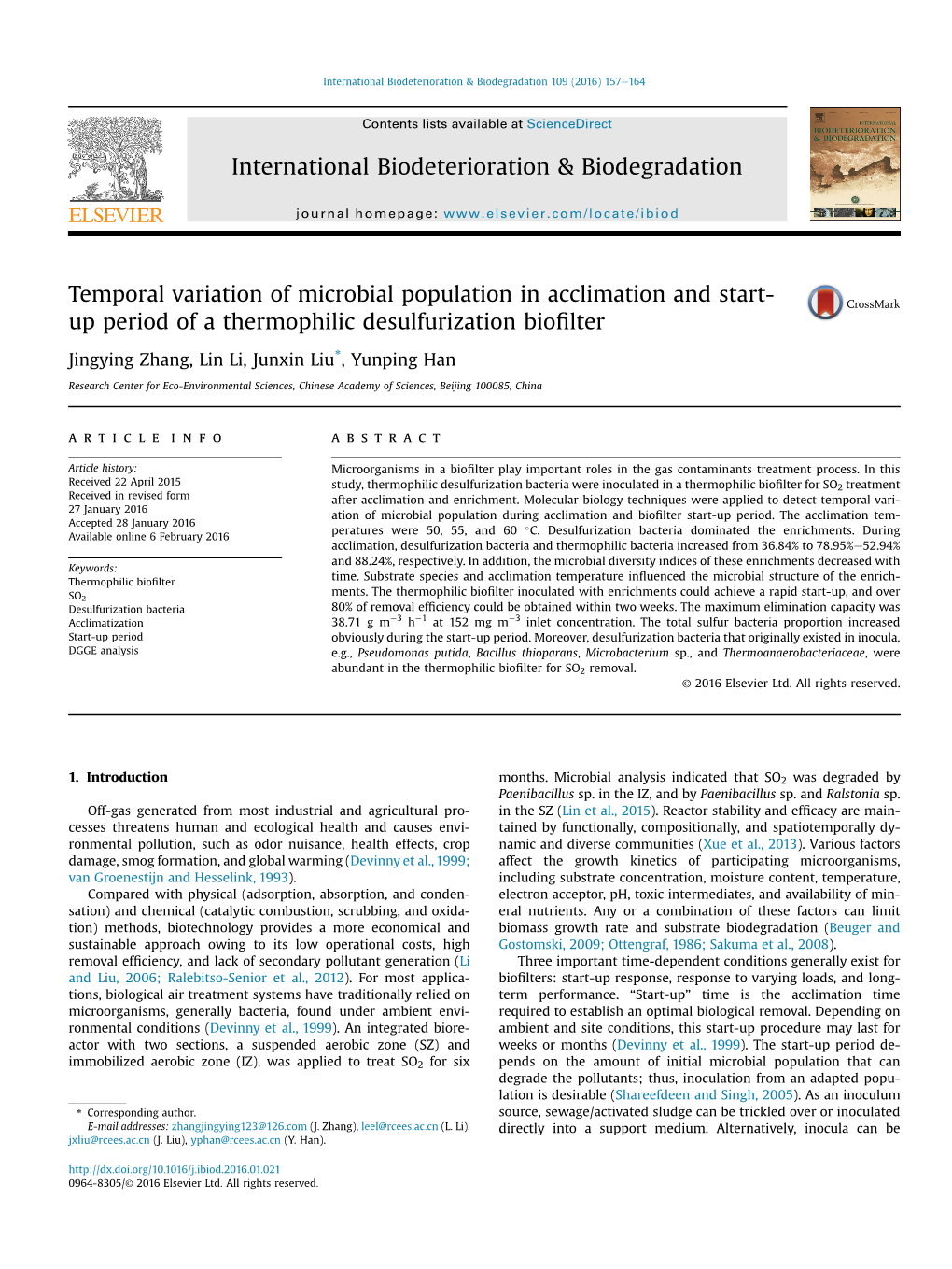 Temporal Variation of Microbial Population in Acclimation and Start-Up Period of a Thermophilic Desulfurization Biofilter