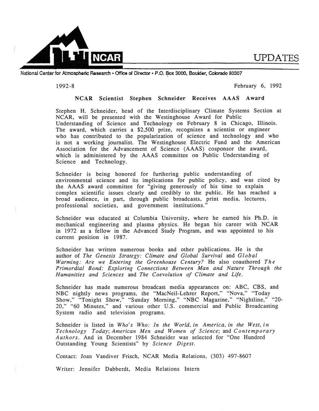 1992-8 February 6, 1992 NCAR Scientist Stephen Schneider