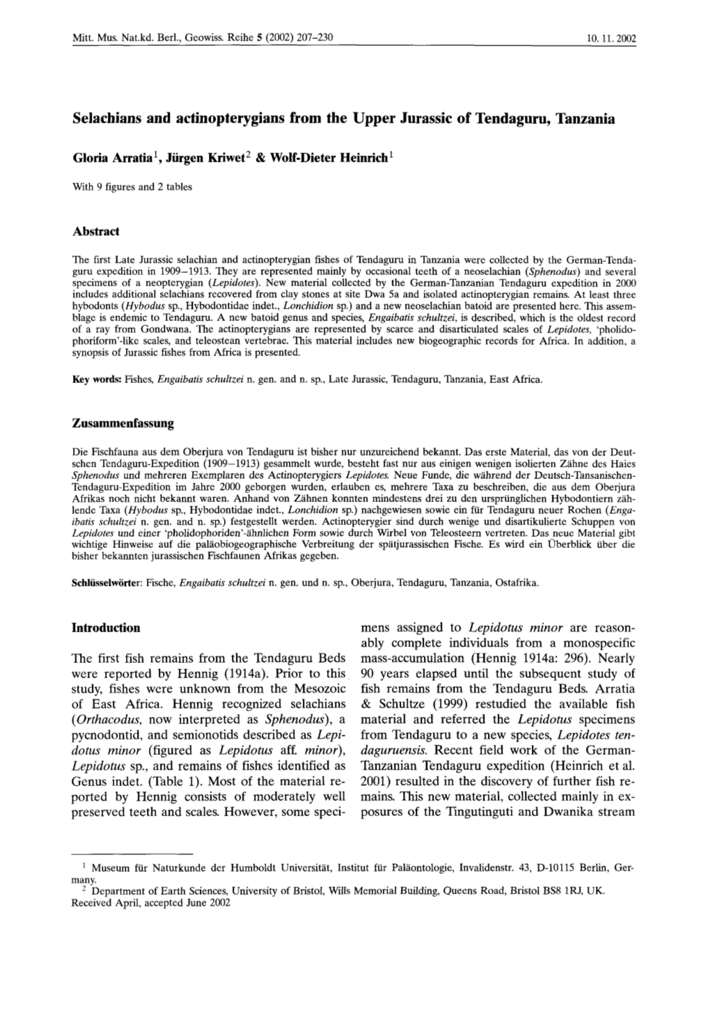 Selachians and Actinopterygians from the Upper Jurassic of Tendaguru, Tanzania