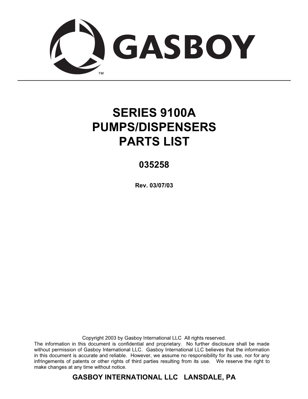 Series 9100A Pumps/Dispensers Parts List