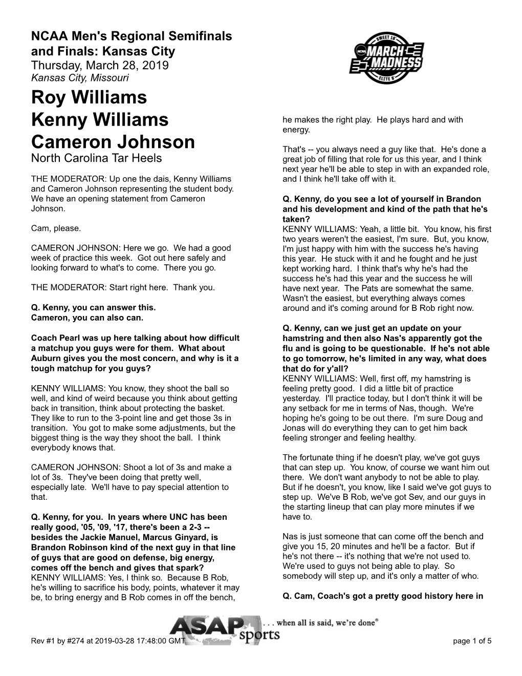 Roy Williams Kenny Williams Cameron Johnson