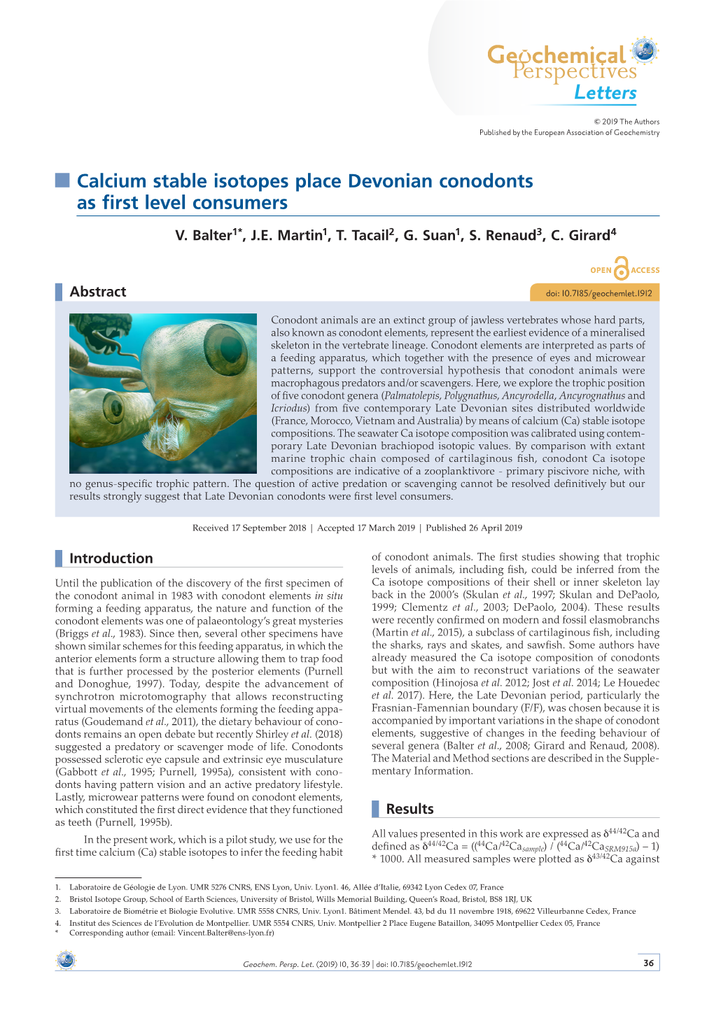 Calcium Stable Isotopes Place Devonian Conodonts As First Level Consumers