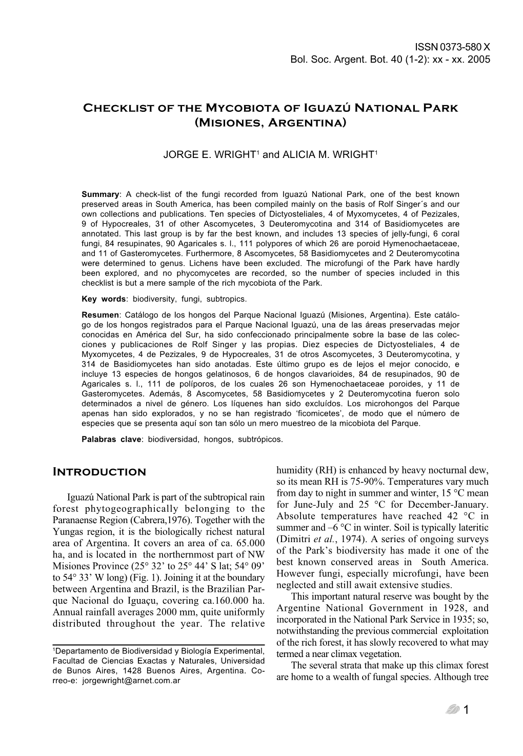 1 Checklist of the Mycobiota of Iguazú National Park (Misiones, Argentina)