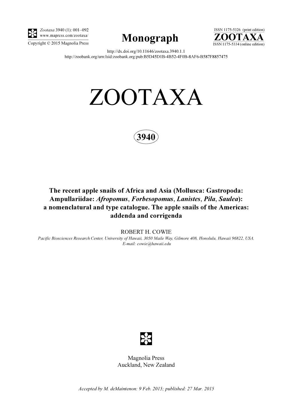 The Recent Apple Snails of Africa and Asia (Mollusca: Gastropoda: Ampullariidae: Afropomus, Forbesopomus, Lanistes, Pila, Saulea): a Nomenclatural and Type Catalogue