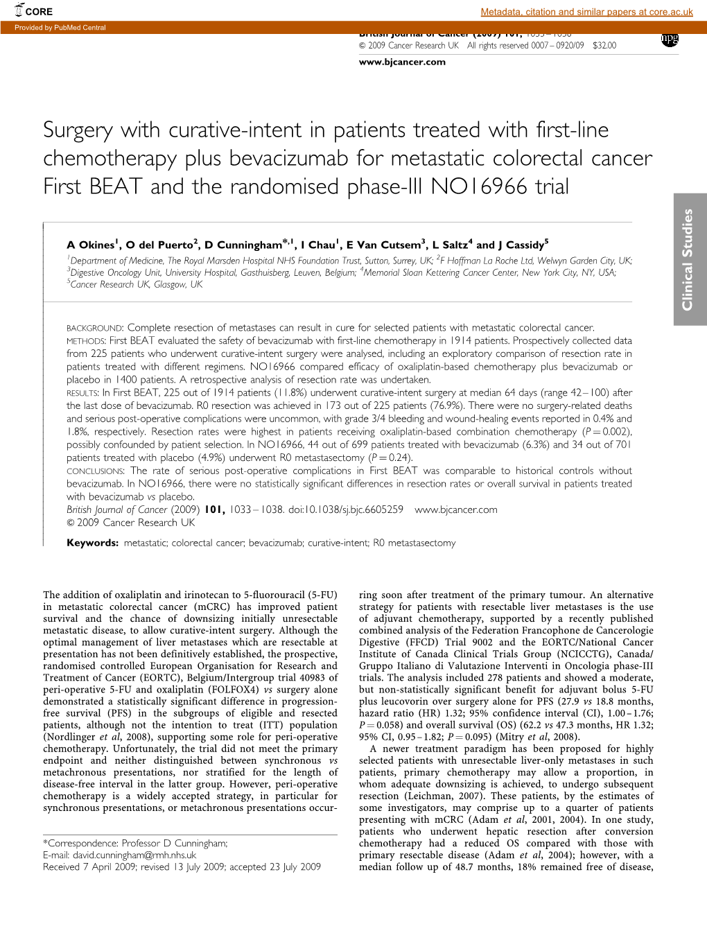 Surgery with Curative-Intent in Patients Treated with First-Line Chemotherapy