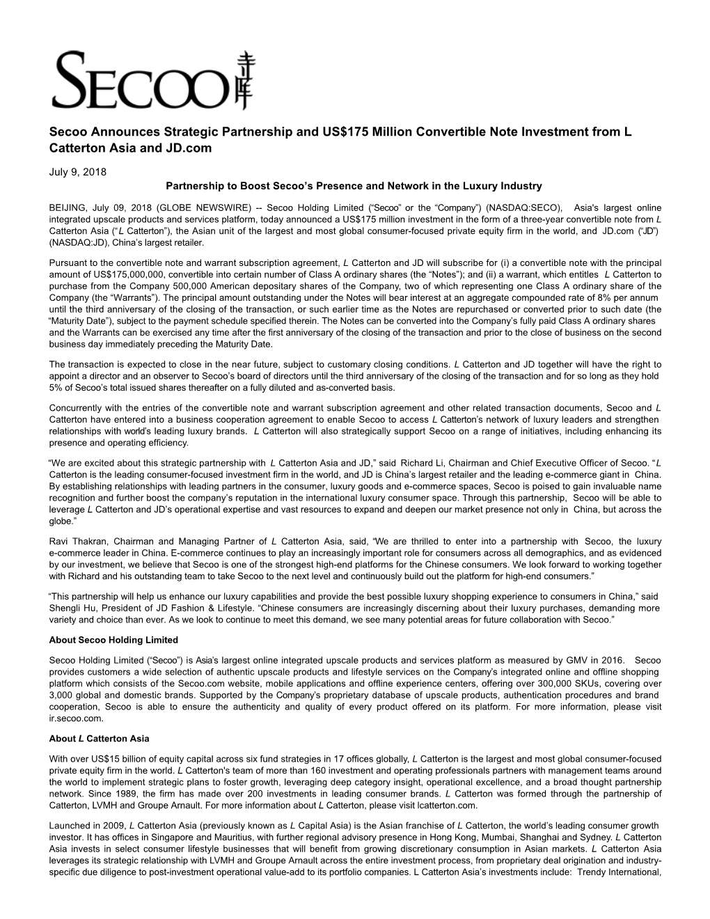 Secoo Announces Strategic Partnership and US$175 Million Convertible Note Investment from L Catterton Asia and JD.Com