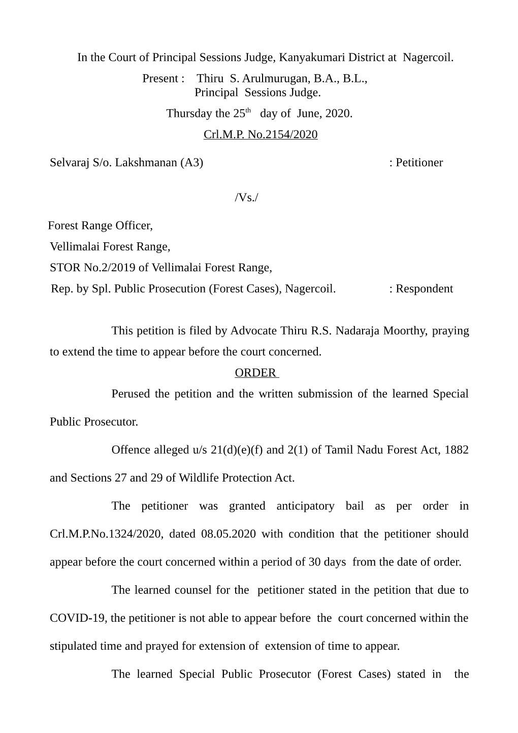 In the Court of Principal Sessions Judge, Kanyakumari District at Nagercoil. Present : Thiru S