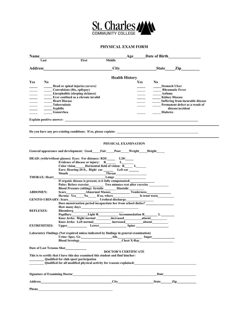 Physical Exam Form