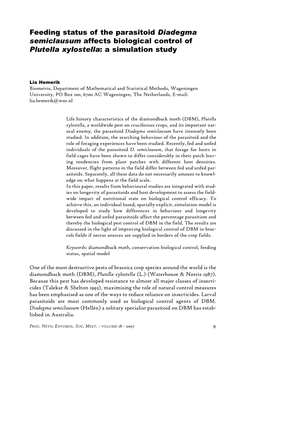 Feeding Status of the Parasitoid Diadegma Semiclausum Affects Biological Control of Plutella Xylostella: a Simulation Study