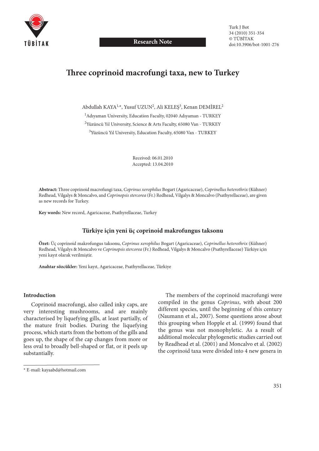 Three Coprinoid Macrofungi Taxa, New to Turkey