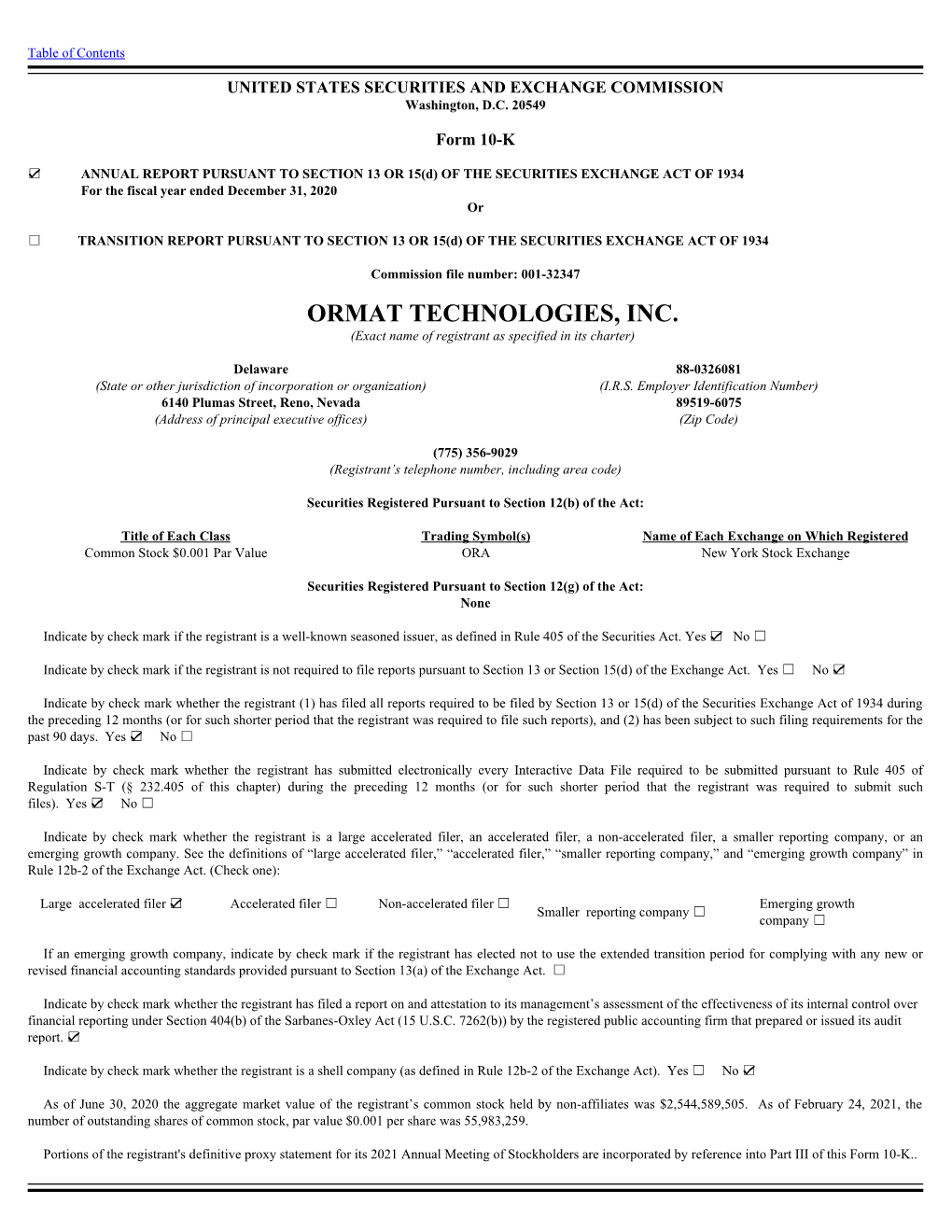 ORMAT TECHNOLOGIES, INC. (Exact Name of Registrant As Specified in Its Charter)