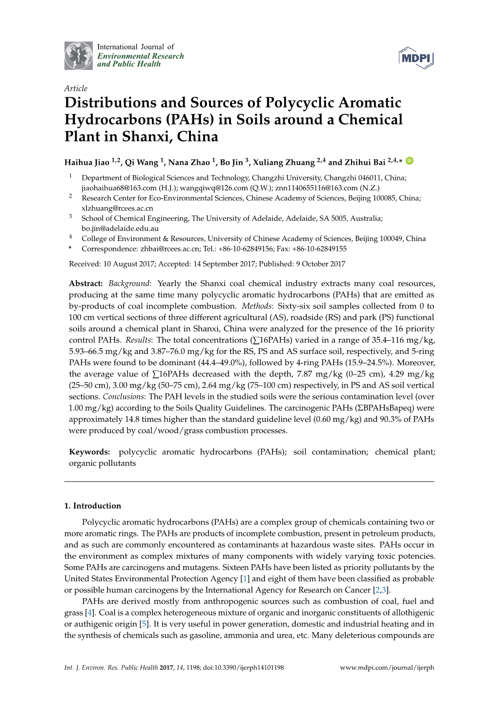 (Pahs) in Soils Around a Chemical Plant in Shanxi, China