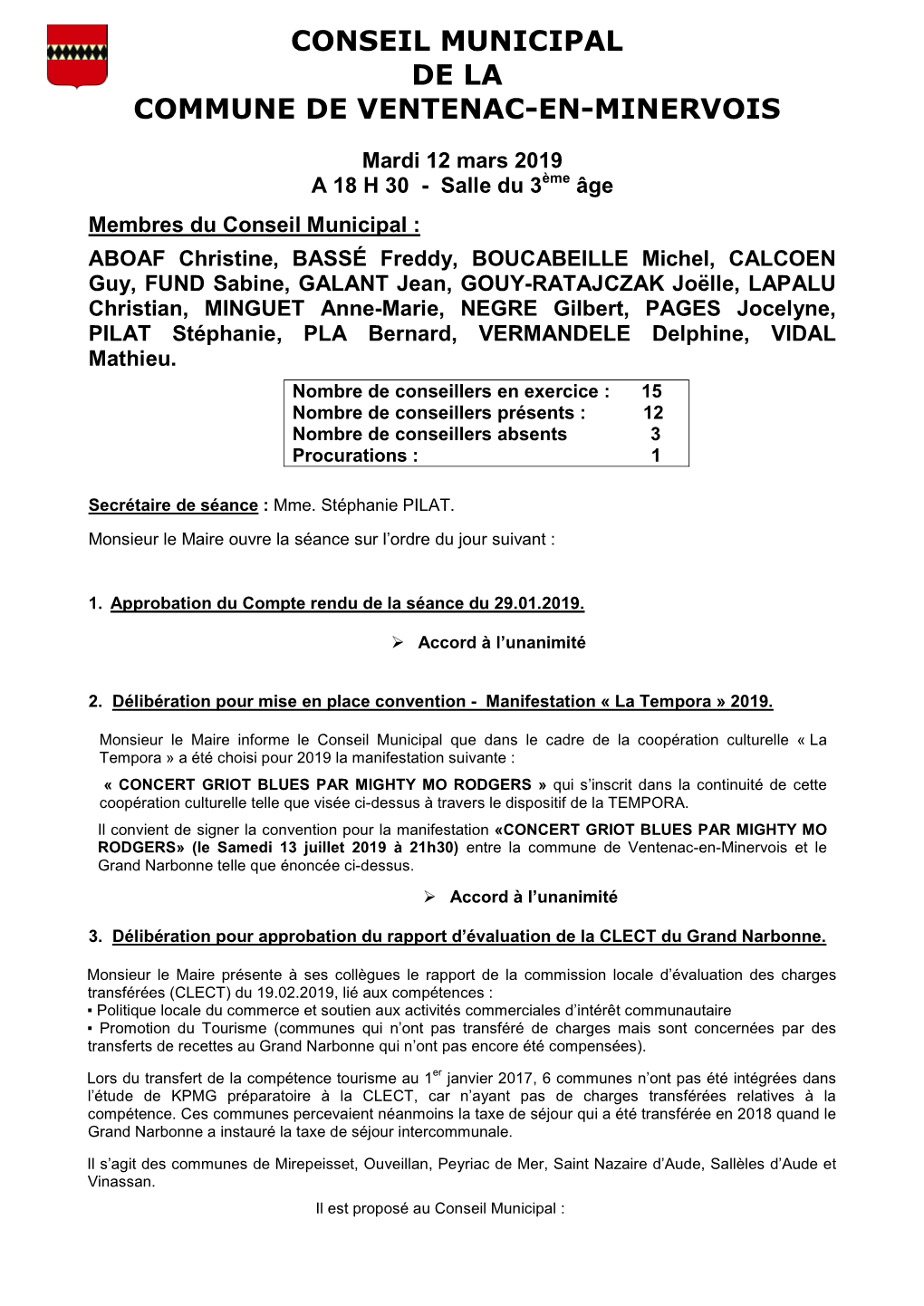 Conseil Municipal De La Commune De Ventenac-En-Minervois