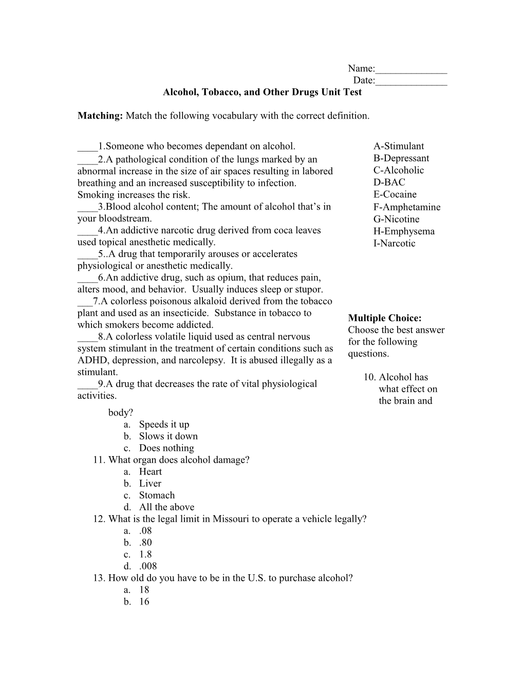 Alcohol, Tobacco, And Other Drugs Unit Test